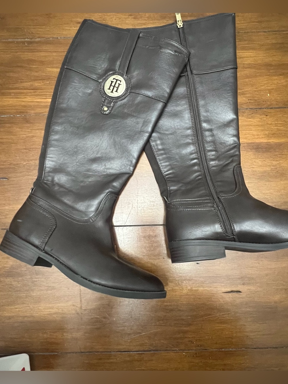 Tommy Hilfiger Dark Brown Leather Tall Riding Boots with Logo Medallion